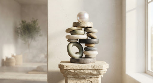 Stacked ceramic and stone balancing rings on a stone pedestal in soft atmospheric mist