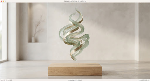 Flowing sculpture of sage frosted glass and brushed brass ribbons twisting in balance