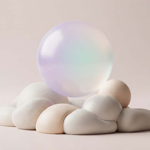 Minimalist 3D sculpture with an iridescent translucent sphere resting on smooth ceramic forms